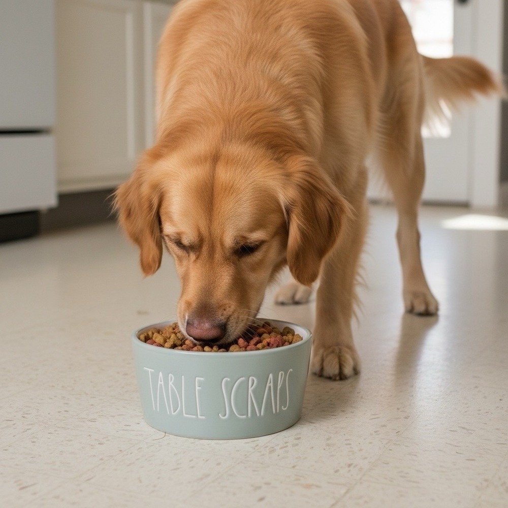Rae Dunn Pet Food Bowl "Table Scraps" Sage Green Dog/Cat Farmhouse Ceramic Dish